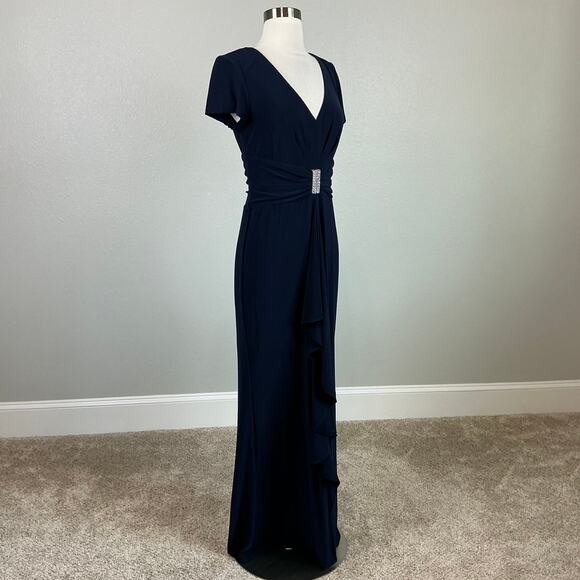 Beaded Short Sleeve Evening Gown Blue Size 6 R&M Richards V-Neck Formal Dress - Picture 2 of 14